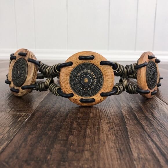 Concho Belt Hip Slung Mixed Media Wood Chain Boho Festival Size Small Tan Multi - Picture 12 of 12